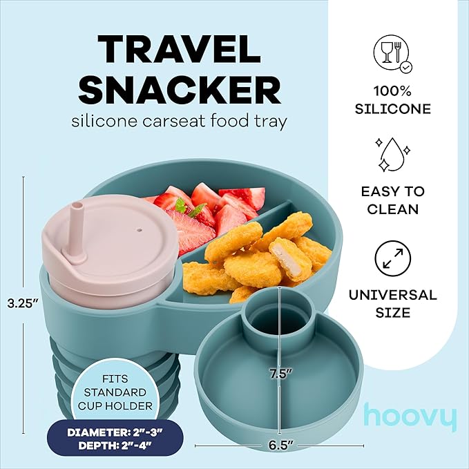 Hoovy Silicone Cup Holder Tray for Car Seat, Booster Seat, Stroller - Carseat Snack Trays for Kids Travel - Cup Holders Food Tray - Sharkskin 1 Pack