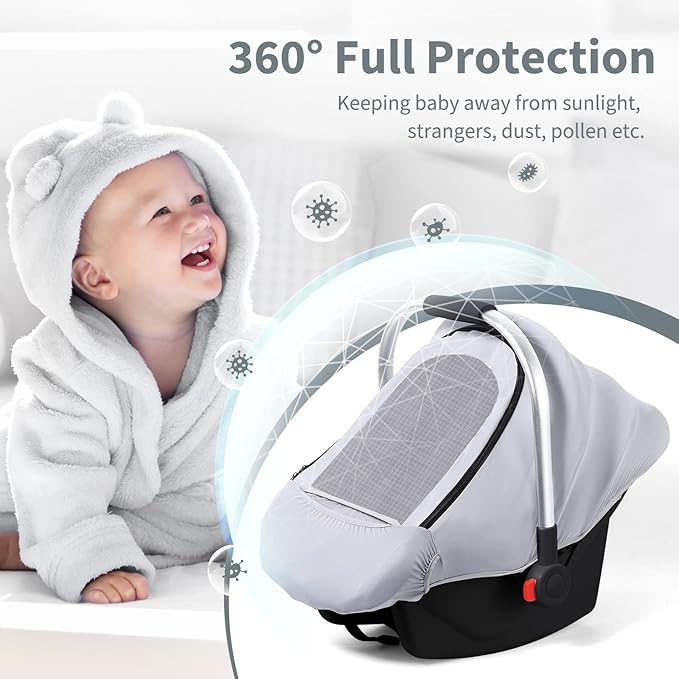 Car Seat Covers for Babies, Original Infant Car Seat Cover for Boys Girls, Kick-Proof Carseat Canopy with Adjustable Breathable Mesh Peep Window & Pocket, Universal Carrier Cover Newborn Shower Gift