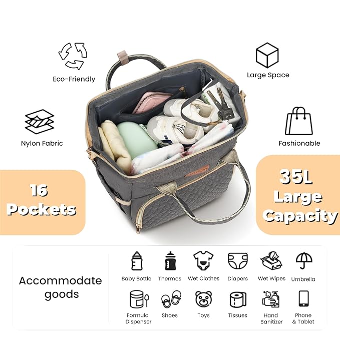 ROSEGIN Baby Diaper Bag Backpack with Changing Pad, Pacifier Case, for Boy Girl Toddler - Large, Stylish, Waterproof Travel Quilted Diaper Bag for Mom - Baby Shower Gifts - Grey