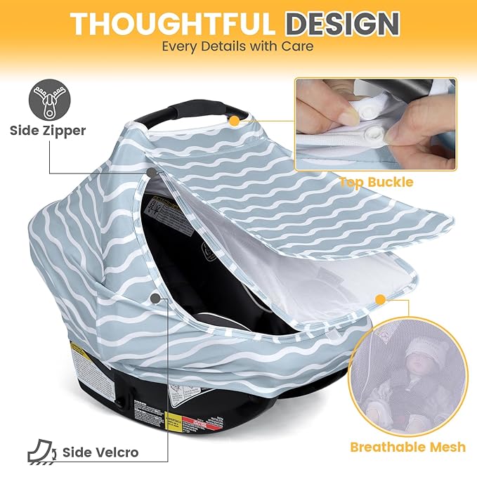 Orzbow Baby Car Seat Cover, Breathable Car Seat Canopy for Girls Boys with Mesh Window, Lightweight Baby Carrier Cover for Wind, Dust, Sun and Insects Protection, Universal Fit, Gray