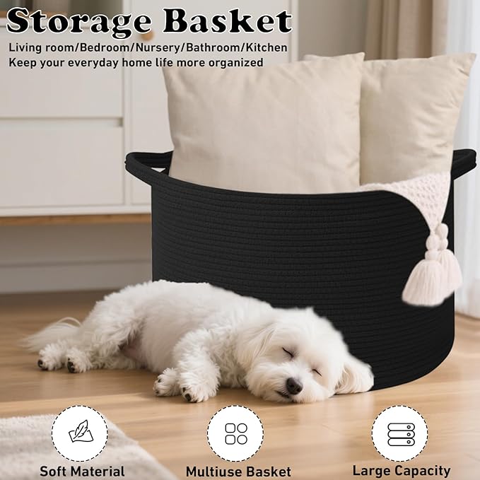 90L Large Blanket Basket,21.7"L x 21.7"W x 13.8"H Rope Woven Baskets with Handles, Toys Storage Bins,Laundry Basket Perfect for Living Room, Nursery,Bedroom,Home Organization,Black