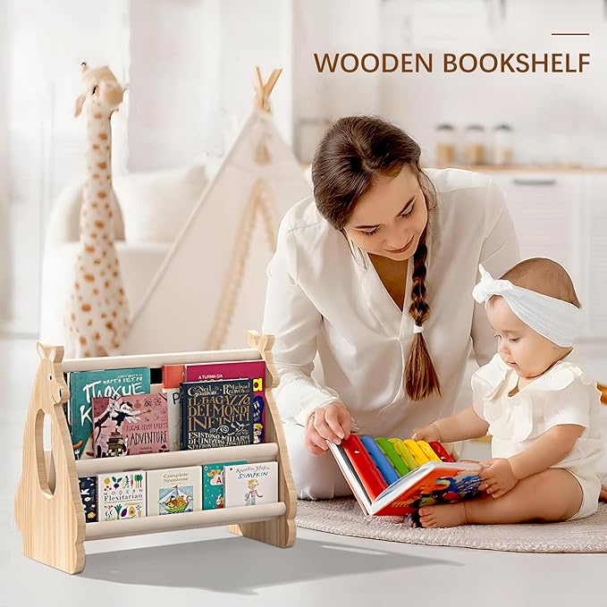 Lullulii Double Sided Kids Bookshelf –2 Tier Portable Toddler Bookshelf,Book Shelf for Kids Rooms & Playroom,Wooden Montessori Baby Bookshelf,Toddler Book Display Shelves (Nature, Kangaroo)