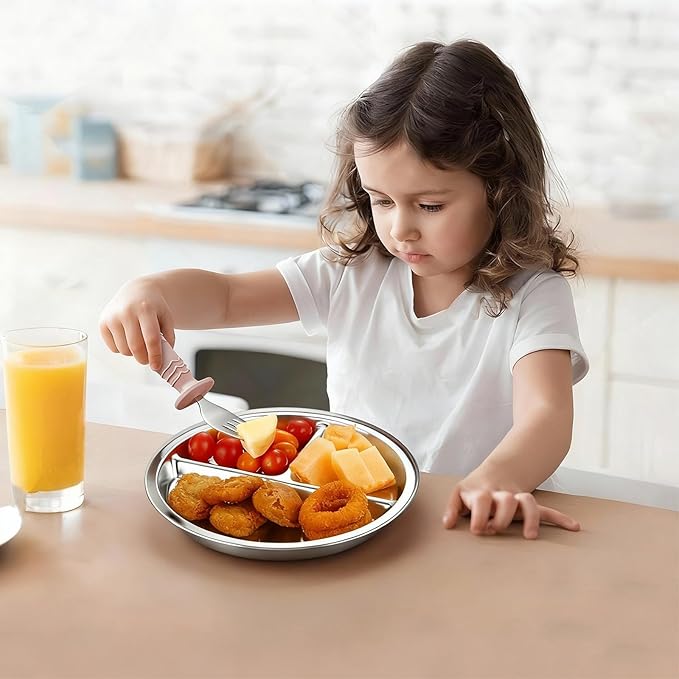 PandaEar 3 Pack Stainless Steel Divided Plates for Kids, 8.1” Portion Control Plates with 3 Compartments, Reusable Metal Dishes for Balanced Meals, Camping & Home Use (3, Silver)