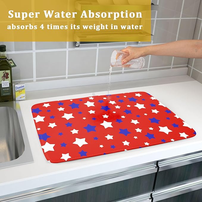 Fourth of July Independence Memorial Dish Drying Mat for Kitchen Counter,Blue White Star Patriotic Red Drying Mat 18 x 24 Inch with High Absorbent Microfiber Dish Drying Mat for Coffee Bar