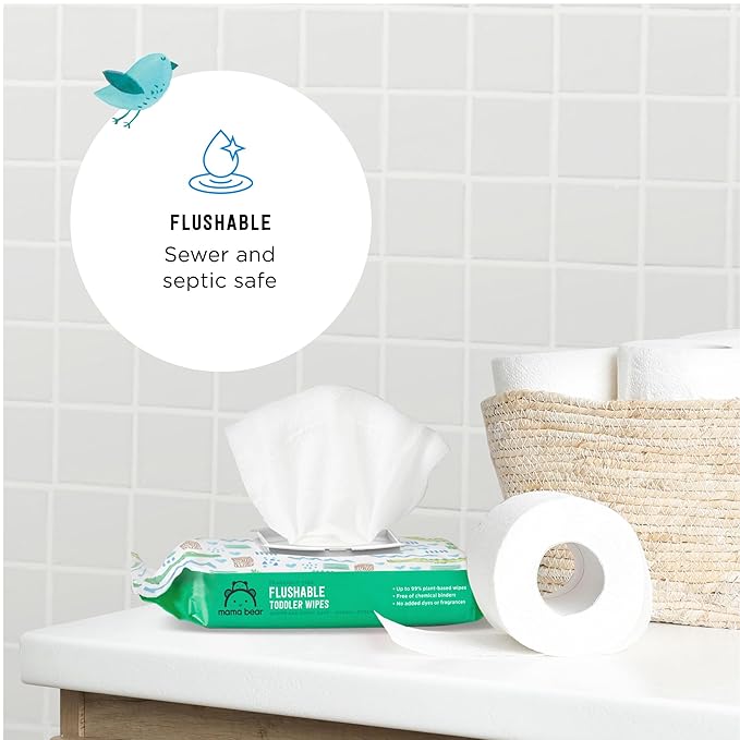 Amazon Brand - Mama Bear Flushable Toddler Toilet Wipes, Unscented, Formulated without Fragrance, Hypoallergenic, Plant-Based, Septic Safe, 336 Count, 8 Packs of 42