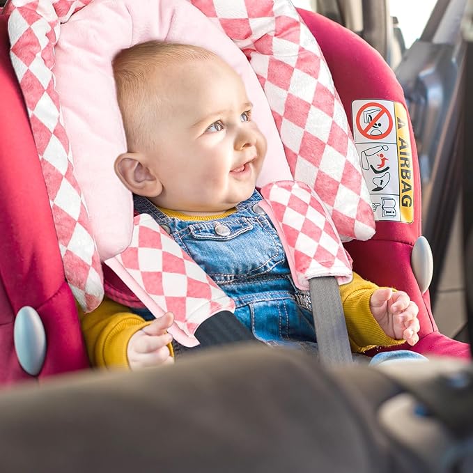 GFU Baby Car Seat Head Support for Newborn, 2 in 1 Infant Car Seat Head Body Support with Strap Pads, Soft Stroller Cushion Pillow Insert for Girls, Fits for Stroller, Swing, Pink Diamond