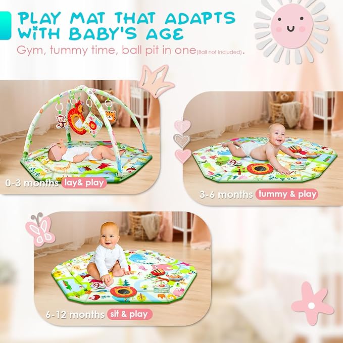 Baby Play Mat,Tummy Time Mat with 6 Detachable Toys-Activity Gym for Visual, Auditory & Motor Development-Washable Baby Activity Mat for 0-12 Month Infants(Animal Theme)