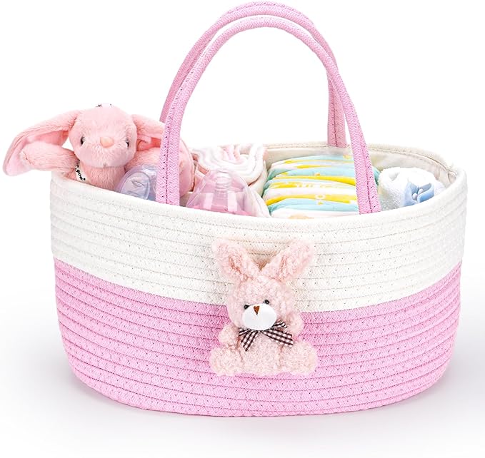 JMBNH Baby Diaper Caddy- With Removable Dividers, Nursery Storage Bin and Car Organizer,Boy & Girl Shower Gift Basket,Portable Organizer,Nursery Essentials-Pink Rabbit