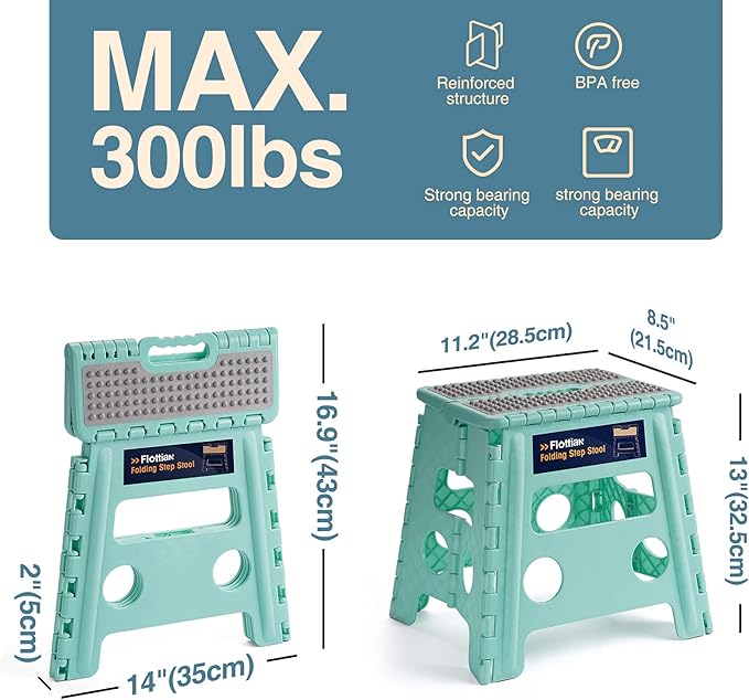 Flottian 13" Folding Step Stool for Adults and Kids Holds Up to 300 lbs,Non-Slip Folding Stools with Handle, Compact Plastic Foldable Step Stool for Bathroom,Bedroom, Kitchen,Teal,1PC