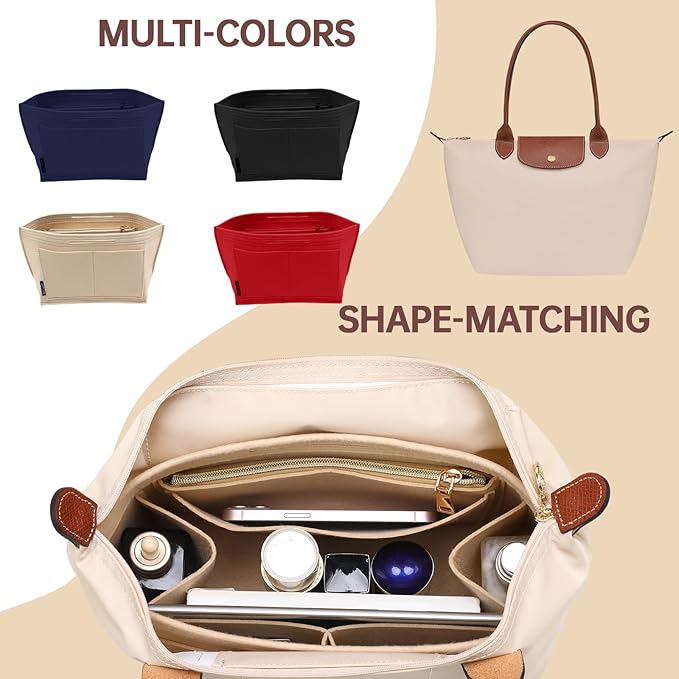 OPPOSHE Purse Organizer Insert for Longchamp Le Pliage, Premium Felt Long Champ Bag Handbag Women, Tote Organizer Insert with 6 Compartments (Small, Navy)