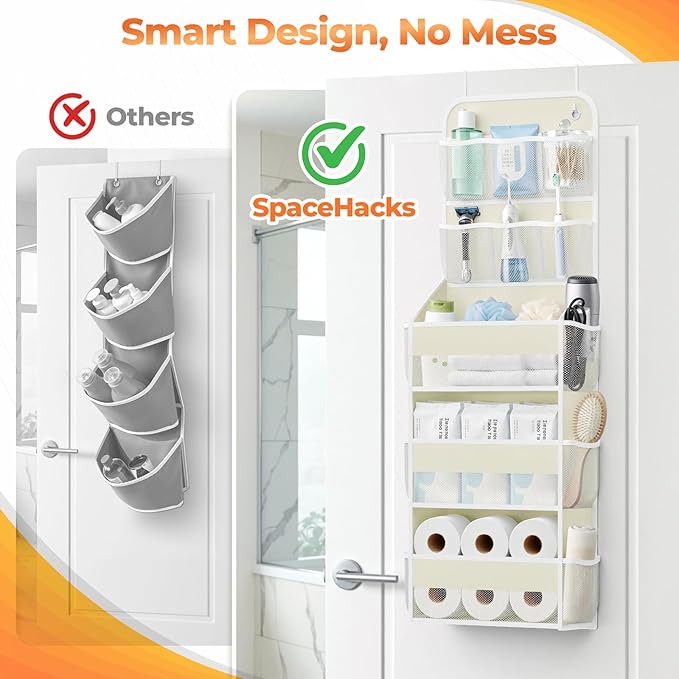 5-Tier Over The Door Organizer with Mesh Pockets, Baby Nursery Storage for Closet, Bathroom and Bedroom, Adjustable Hanging Closet Organizer for Cosmetics, Books and Essentials（Beige）