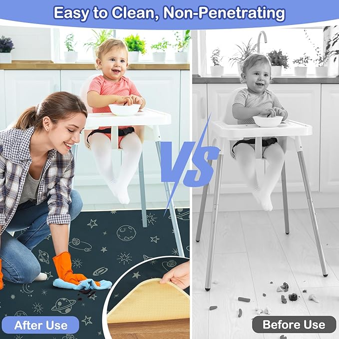 Basumee Splat Mat High Chair Mat Waterproof Baby Play Splat Mat for Under High Chair Food Catcher Highchair Mat for Floor Non Slip Bottom, Dark Blue Space, 51x51 Inches