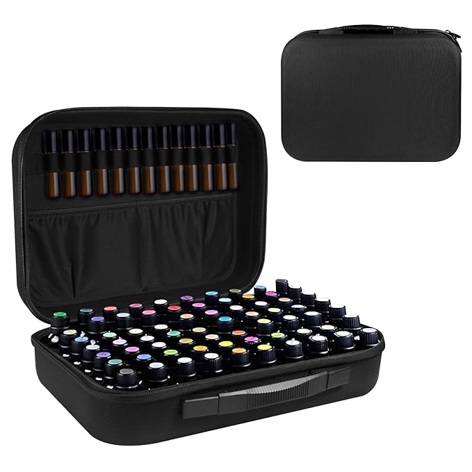 Essential Oil Storage Carrying Case, 70 Bottles Essential Oils Box for 5ml 10ml 15ml Roller Bottles Travel Storage Organizer Bag for doTERRA & Young Living (Black)