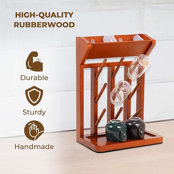Vertical Rubber Wood Stand, 9-Hook Bottle Drying Rack, for Baby Bottles, Mugs, Glasses | Thread Rack Organizer or Yarn Holder | Kitchen Storage, Sewing Storage Solution, Brown Color