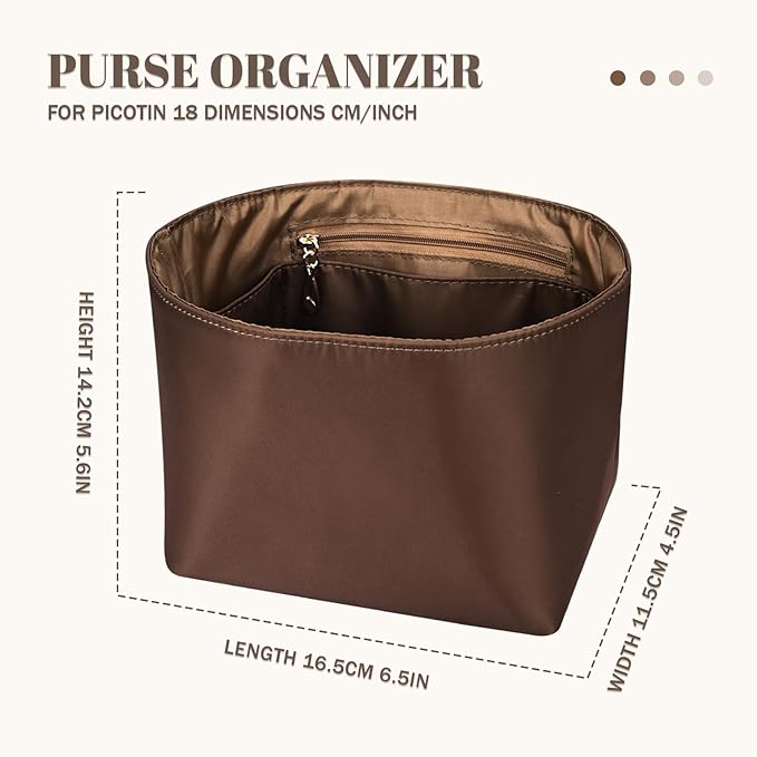 Purse Organizer Insert Fit for Picotin 18/22, Luxury Silky Purse Organizer Bag Insert for Picotin Bags(Coffee, PC18)