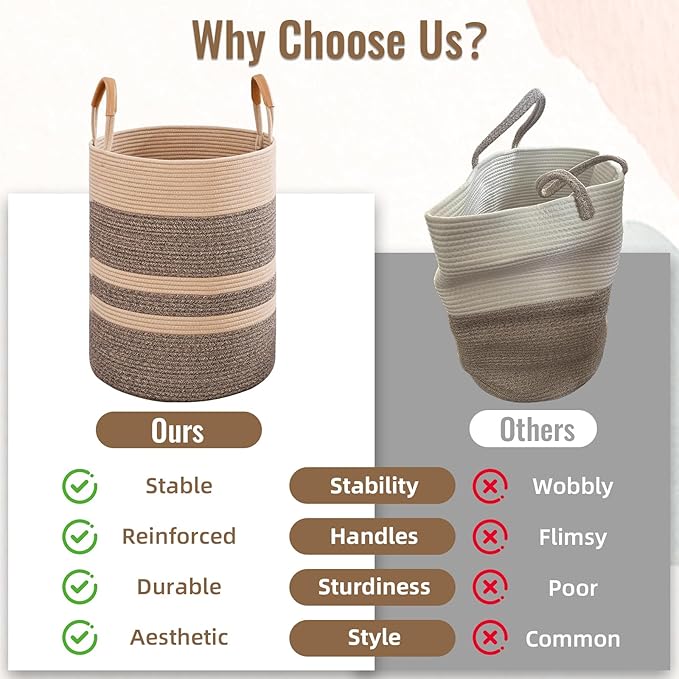 Degeyoyo 90L Striped Laundry Basket, Dark Brown Laundry Hamper with Leather Handles, Woven Cotton Rope Storage Bin for Blankets, Nursery Hamper for Clothes, Toys In Bathroom, Livingroom, Bedroom