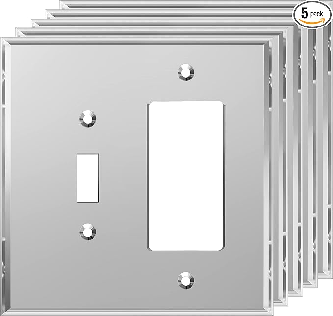 LIDER Reflective Acrylic Combination Wall Plate, Mirrored Double Switch Plate, Combo Toggle Switch and Decorator Outlet Cover, Acrylic Glass, Oversized 2-Gang 5.25" x 5.25", LWP-1131O-ASV5P, 5 Pack