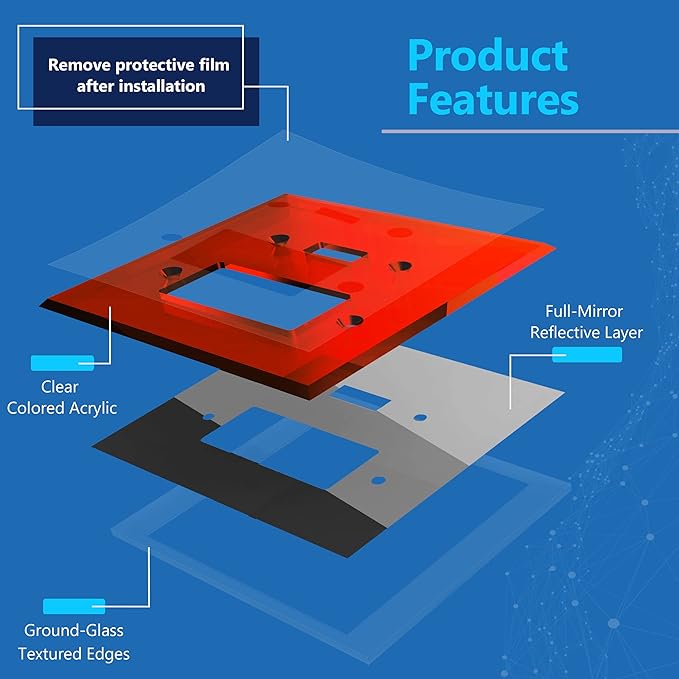 LIDER Reflective Acrylic Combination Wall Plate, Mirrored Double Switch Plate, Combo Toggle Switch and Decorator Outlet Cover, Acrylic Glass, Oversized 2-Gang 5.25" x 5.25", LWP-1131O-ARD, Red