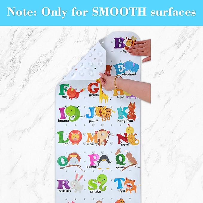Secopad Bath Mat for Tub Non Slip, Machine Washable Anti-Slip Cartoon Baby Bathtub Shower Mat with Drain Holes and Suction Cups for Toddler & Kids (40 Inch x 16 Inch-Rectangular, Alphabet and Animals)