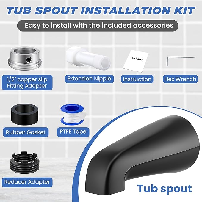 Dreyoo Tub Spout (Universal Fits 1/2" Copper Pipe, 1/2" IPS and 3/4" IPS), Bathroom Bathtub Faucet with Adapters and Hex Wrench(Matte Black,Without Diverter)