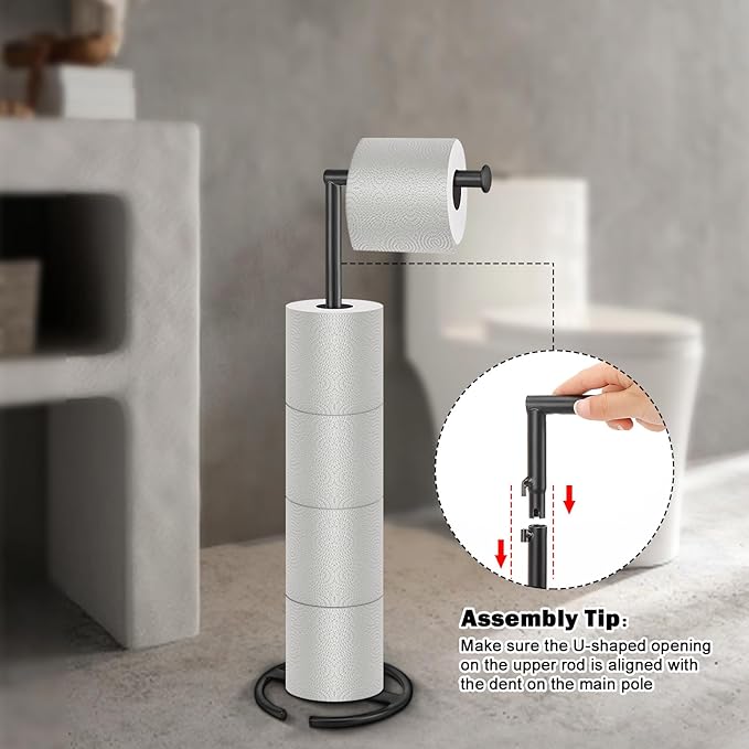 NearMoon Bath Toilet Paper Holder Stand- Modern Tissue Roll Holder Standing with Balanced Base, Rustproof Toilet Roll Holder for Bathroom/Kitchen Countertop (Matte Black, Metal Base)
