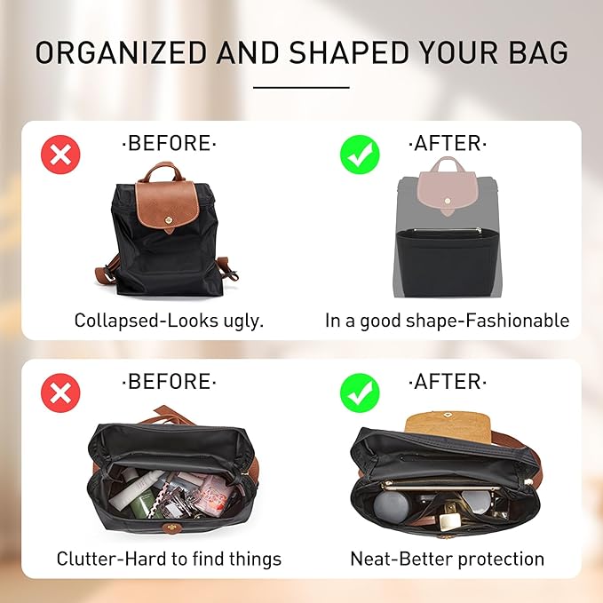 Felt Backpack Organizer Insert Compatible with Longchamp Lepliage M Backpack and More (Black/MB)