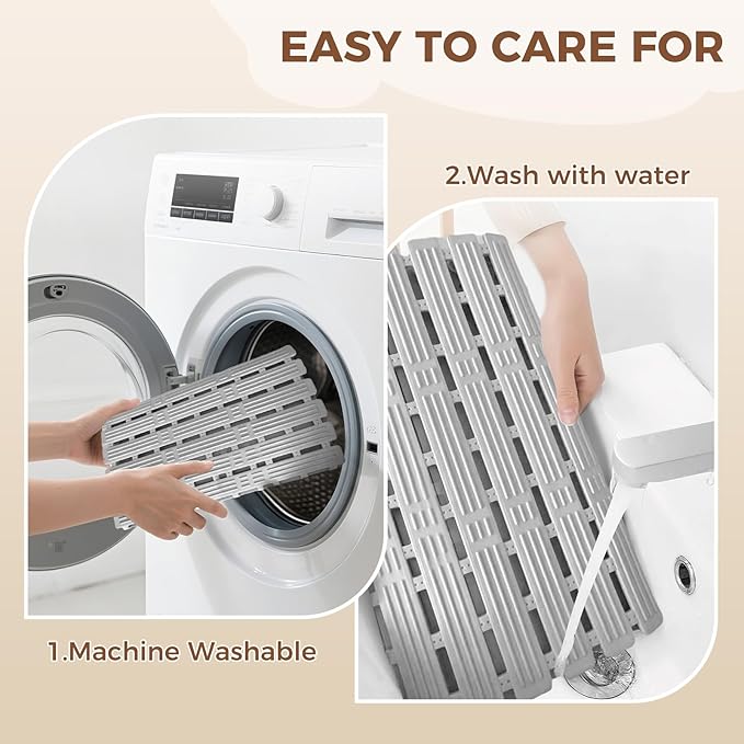 PuoWeo Bathtub Mat Non Slip for Bathroom with Suction Cups and Drain Holes 35.4 * 15.7 Shower Mat for Inside Shower, Quick Dry Bath Mat for Baby Kids Seniors Pregnants Adults, Easy to Cut, Easy Dry