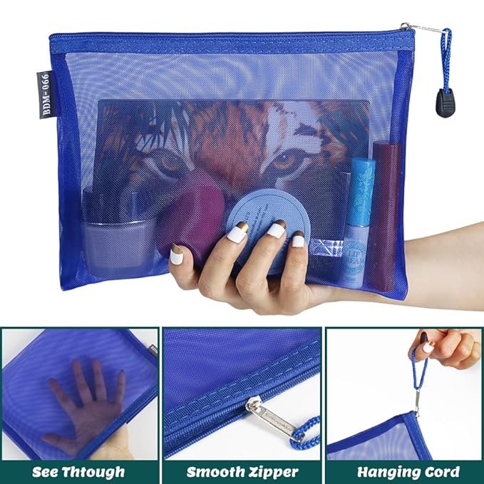 6 Pack Mesh Cosmetic Bags, Nylon Makeup Pouches with Zipper for Home Office Purse Diaper Bag (Blue)