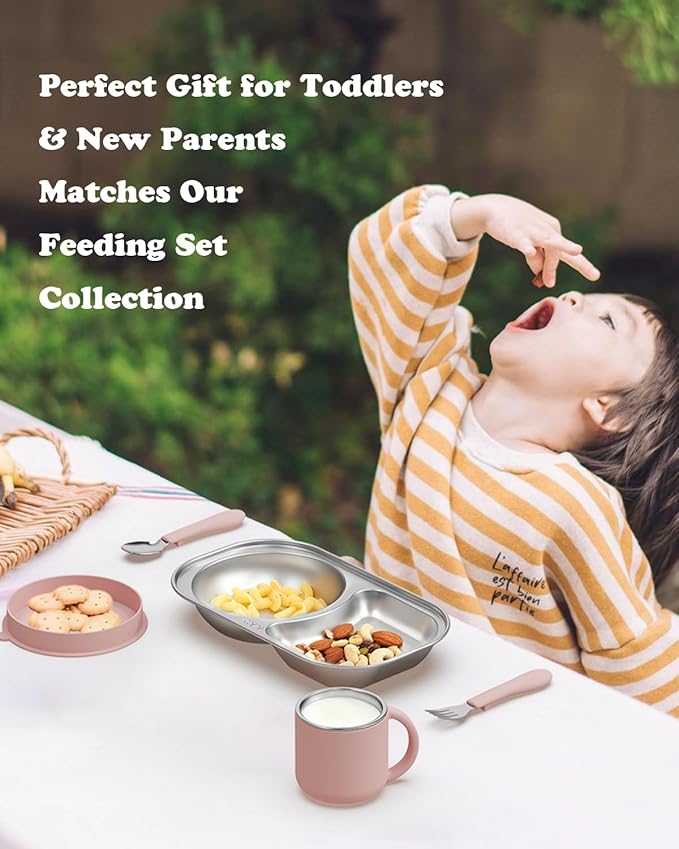 Bakpoco 2PCS Stainless Steel Toddler Plates with 2 Dividers, Kids Plates for Snack Portion Control, Small Divided Plate for Baby Feeding & Adults Camping, Non-toxic Dishwasher Safe Metal Dish