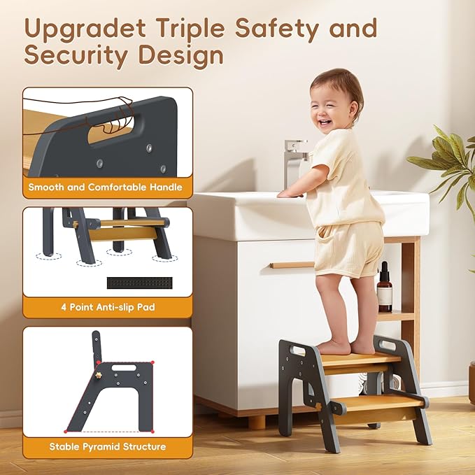 Toddler Step Stool, 2 in 1 Kids Step Stool with Safety Non-Slip Pads and Handles, Wooden Potty Training Stool, Kids Stools Toddler Stool for Bathroom Sink, Kitchen, Bedroom, Nursery, Navy Blue