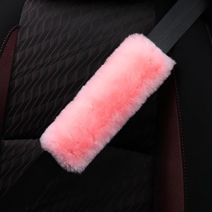 2pc Soft Genuine Sheepskin Wool Auto Seat Belt Cover Seatbelt Shoulder Pad for a More Comfortable Driving, Compatible with All Cars(Bright Pink)