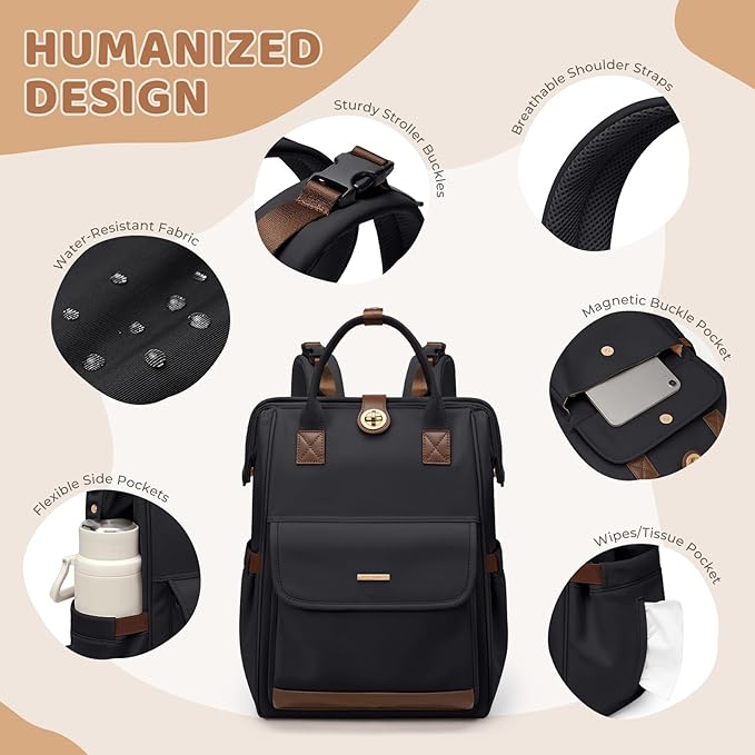 GOLF QUALITY Diaper Bag Backpack,Multi Function Water Resistant Diaper Bag With Hook,Casual Hanging diaper bag for mom,16 Inch,Black