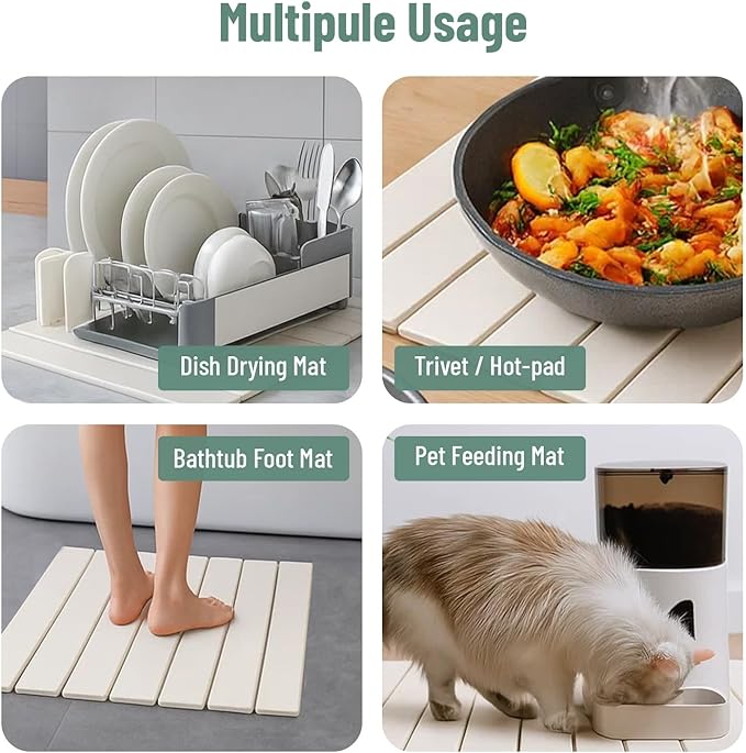 Stone Dish Drying Mat For Kitchen Counter Off-White 16"x12" – Quick Dry & Foldable Diatomaceous Earth Mat for Dish , Bottle , Cup , Tableware & Match Any Countertop.