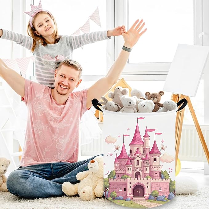 kids basket pink castle,Grils Hamper,Kids Laundry Hamper,Canvas fabric waterproof foldable laundry basket,toy bins,Girls Room decor(Castle)