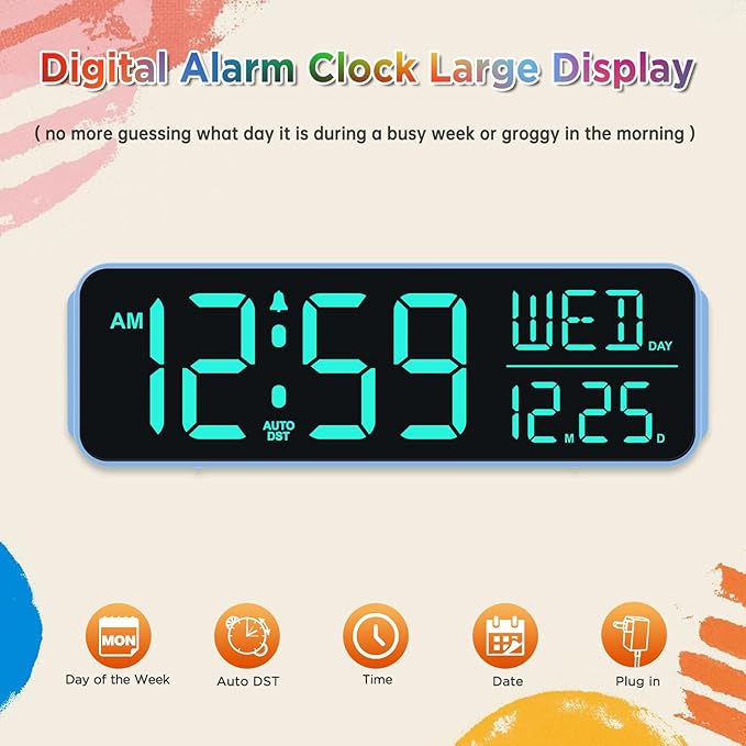 Peakeep Loud Digital Alarm Clock Large Display for Bedrooms with Date, Day of Week, Auto DST, Desk Clock Electric Plug in for Living Room, Battery Backup, USB Port, 5 Dimmers