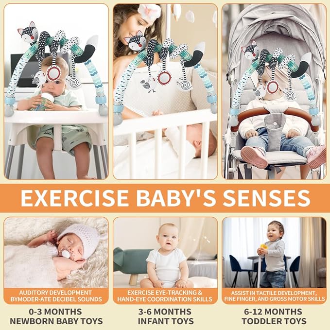 Baby Stroller Arch Toys, Black and White Hanging Toy Activity Set, Stretch & Spiral Adjustable Clamp for Cribs & Car Seats, Includes Rattles, Squeaker & Teether for Newborns and Infants (02)
