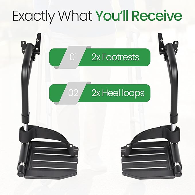 Healthline Wheelchair Swingaway Legrest Footplates with Heel Loops – Pair (Black) – Fits Select Standard Wheelchairs – Adjustable Length 16.5"–20.5" – Check Compatibility Before Ordering