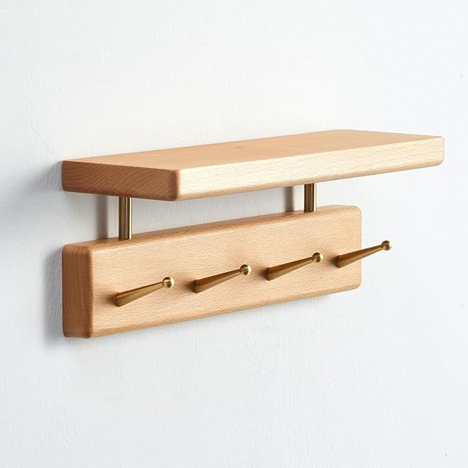 Mayhas Solid Wood Shelf with Hooks, 12 inch Coat Rack Wall Mount, Shelves with 4 Brass Hooks for Hanging in Entryway, Living Room, Bathroom, Bedroom, Kitchen(Beechwood)