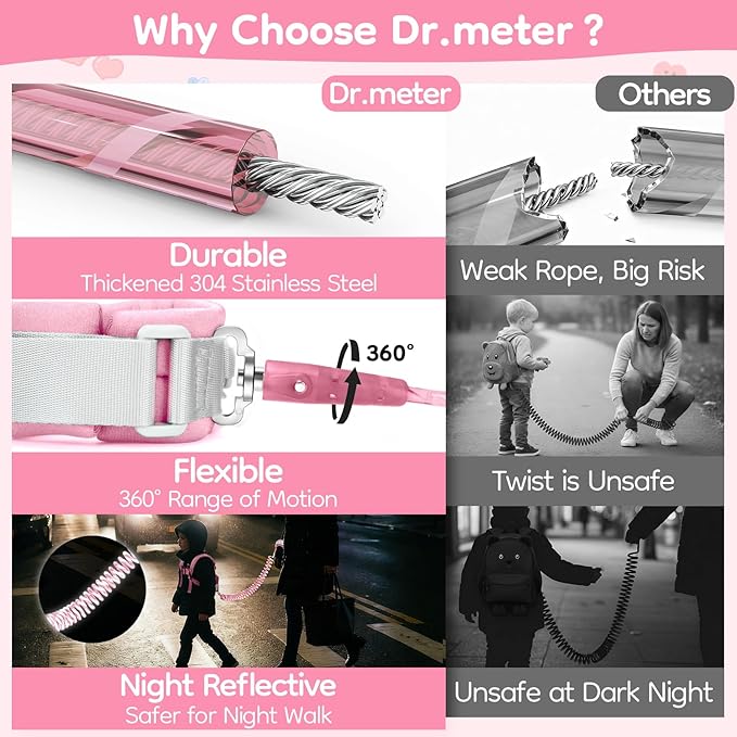 Dr.meter 3 in 1 Toddler Harness Leash + 8.2ft Anti Lost Wrist Link, Cute Dinosaur Kids Anti Lost Leash with Key Lock, Child Walking Harness for Parent Boys Girls Keep Kids Close, Travel Essensials