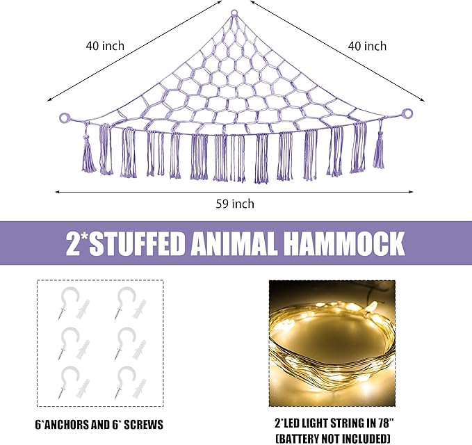 CERETIA Stuffed Animal Hammock with LED Light, Large Stuffed Animals Storage Corner Plushie Net for Kids Room Decor, 2 Packs Purple