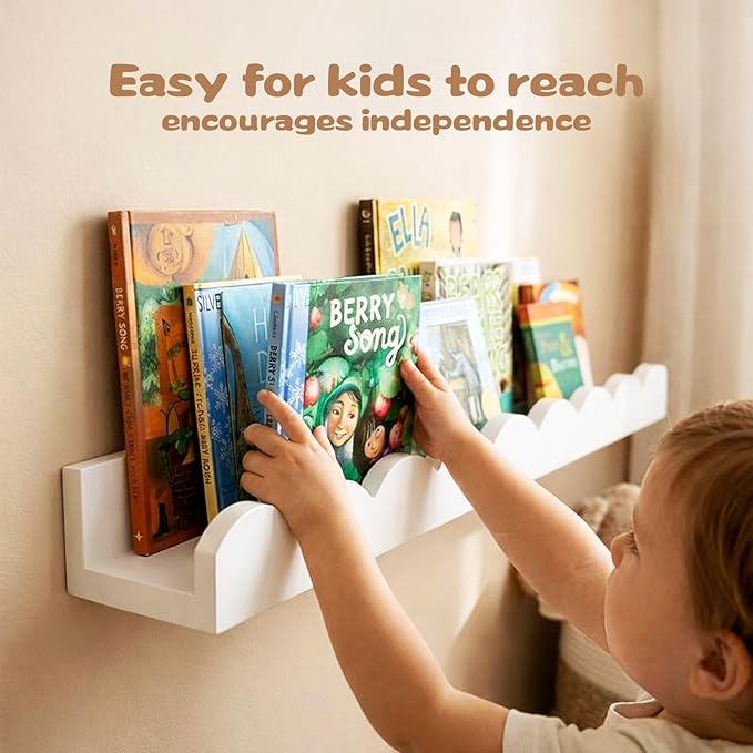 Nursery Floating Shelves for Kids Room, 4 Pack 15.7 Inch White Wall Shelves with Scalloped Edge, Kids Bookshelves for Toddler Bedroom, Playroom, Baby Nursery Decor