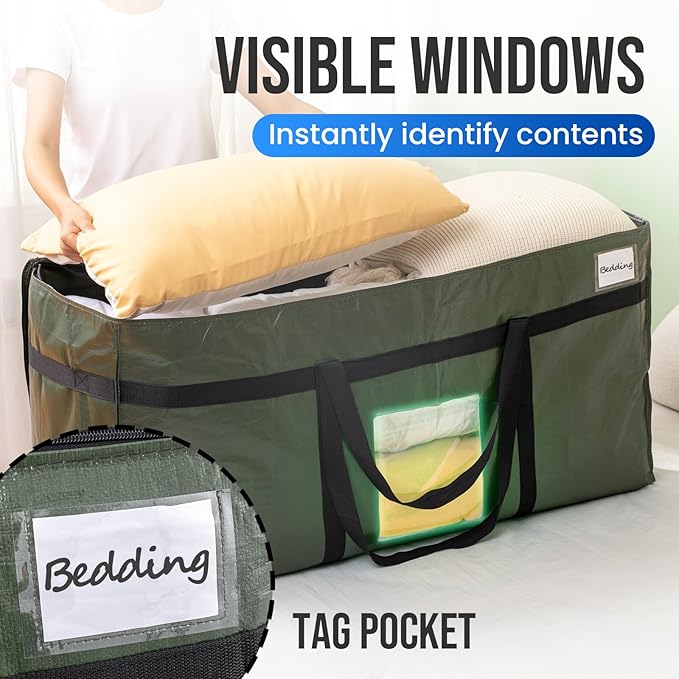 TAILI 69 Gallon Extra Large Storage Bags, XXL Green Heavy Duty Moving Bags For Storage with Visible Window, Wrap Around Handles, Totes for Space Saving, Alternative to Moving Boxes