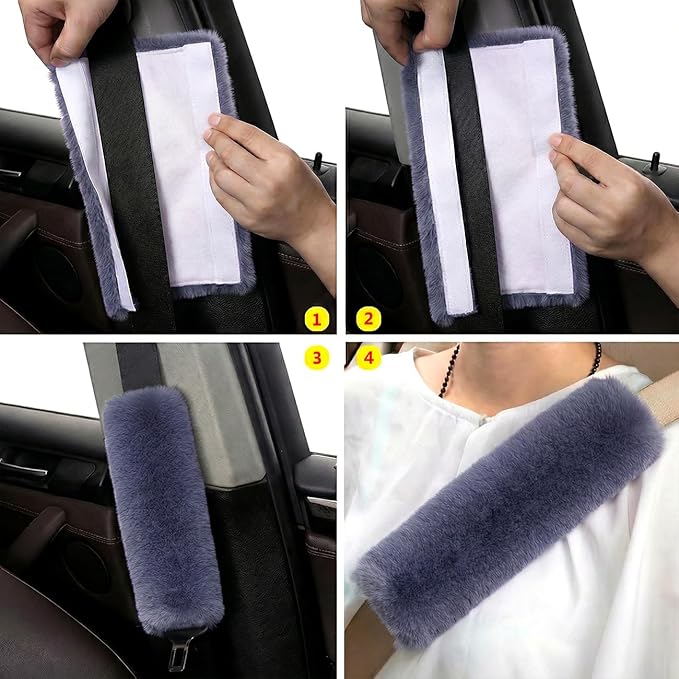 2-Pack Soft Plush Seatbelt Covers for Kids - Comfortable Seat Belt Cushion for Newborns - Car Seat/Stroller Strap Accessories - Enhanced Driving Comfort & Protection (Grey)