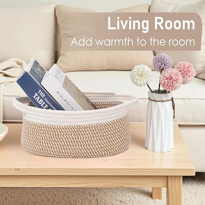 JMvicyroam Woven Basket,Small Rope Storage Bin with Handles & Ribbon Bag, Organizer for Shelves Closets,Gift Basket Empty for Birthday,Books,Dog Toys, White&Brown Block/2 Pack