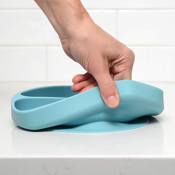 PrimaStella Unbreakable Silicone Non-Slip Baby & Toddler Plate and Spoon Feeding Set - Pacific Blue