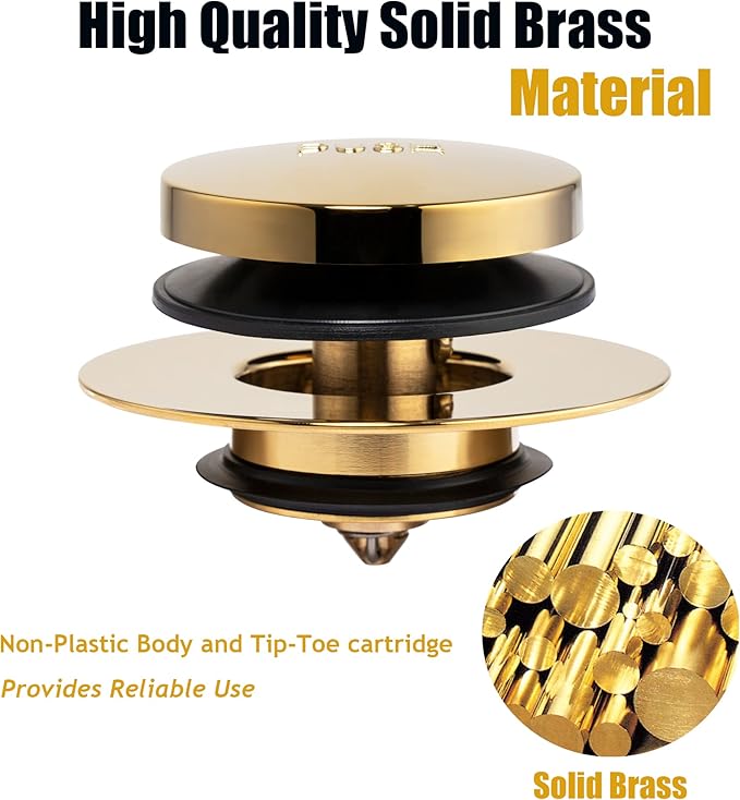 Artiwell Universal Tip Toe Bath Drain Stopper and Cover, Bathtub Drain Stopper, Replaces Lift and Turn, Tip-Toe and Trip Lever drains for Tub, EZ Installation and Clearing (Polished Brass)