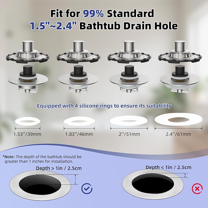 Universal Bathtub Drain Stopper Shower Drain Hair Catcher, Tub Stopper with Visible Top Strainer, Upgraded 3 in 1 Pop-up Drain Plug Fit for 1.5 to 2.4" Hole, Stainless Filter Basket, Brushed Nickel