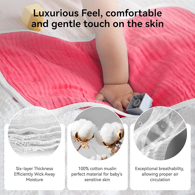 Synrroe Muslin Burp Cloths Large Pack of 10 Extra Absorbent and Soft 6 Layers 20 by 10 Inches 100% Cotton (Rose Red 10 Pack)