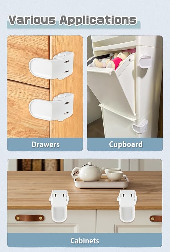 6-Pack Drawer Locks Baby Proofing, Maveek 90° Right Angle Lock For Bedside Corner Nightstand Drawer Cabinet Kitchen Cupboard Dresser Pull-out Drawers, Furniture Latch For 0-12 Month Toddler (6 White)