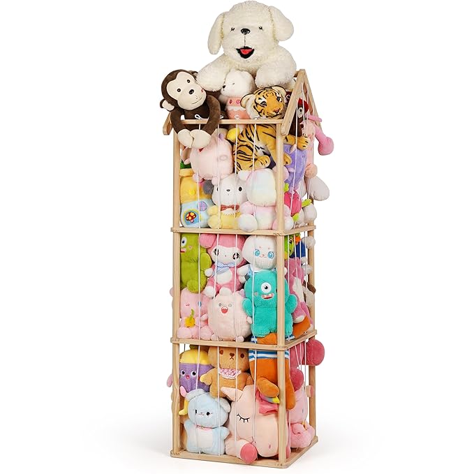 Edudif Stuffed Animal Storage, Space Saving Vertical Stuffed Animal Holder Wood, Easy Assembly Cottage-Style Plush Toys Organizer for Kids Bedroom & Playroom (Wood, Large)